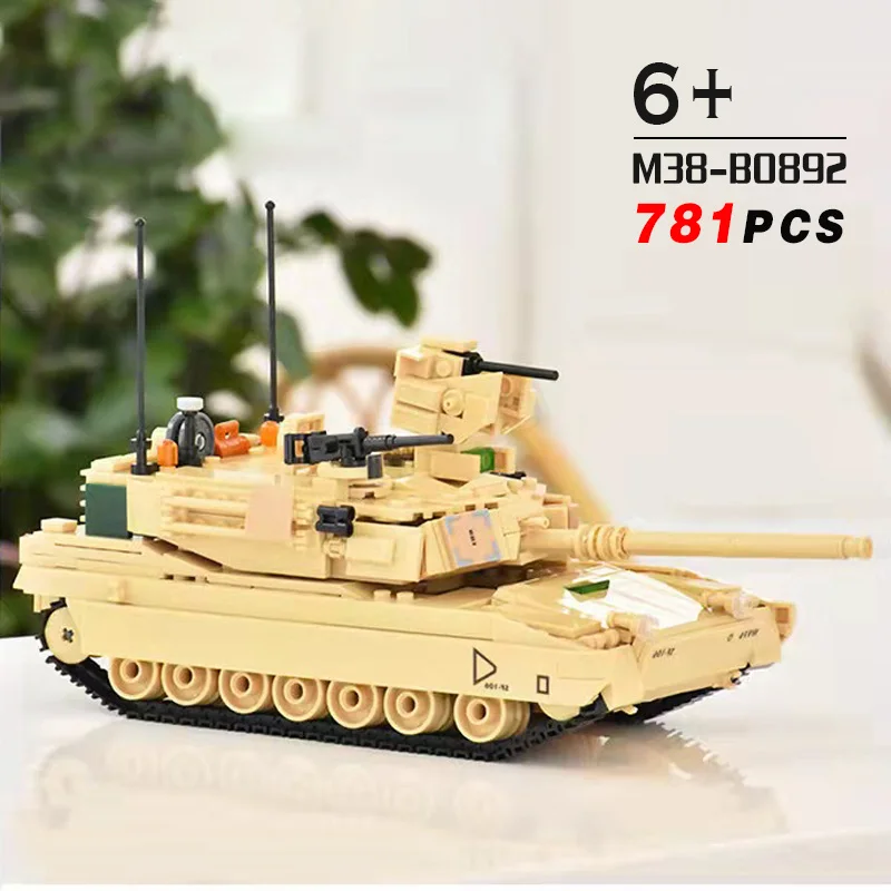 SLUBAN World War II 2 Military USA Abrams M1A2 Battle Tank Chariot Building Blocks Army Classic Accessories Model Kids Gift Toys