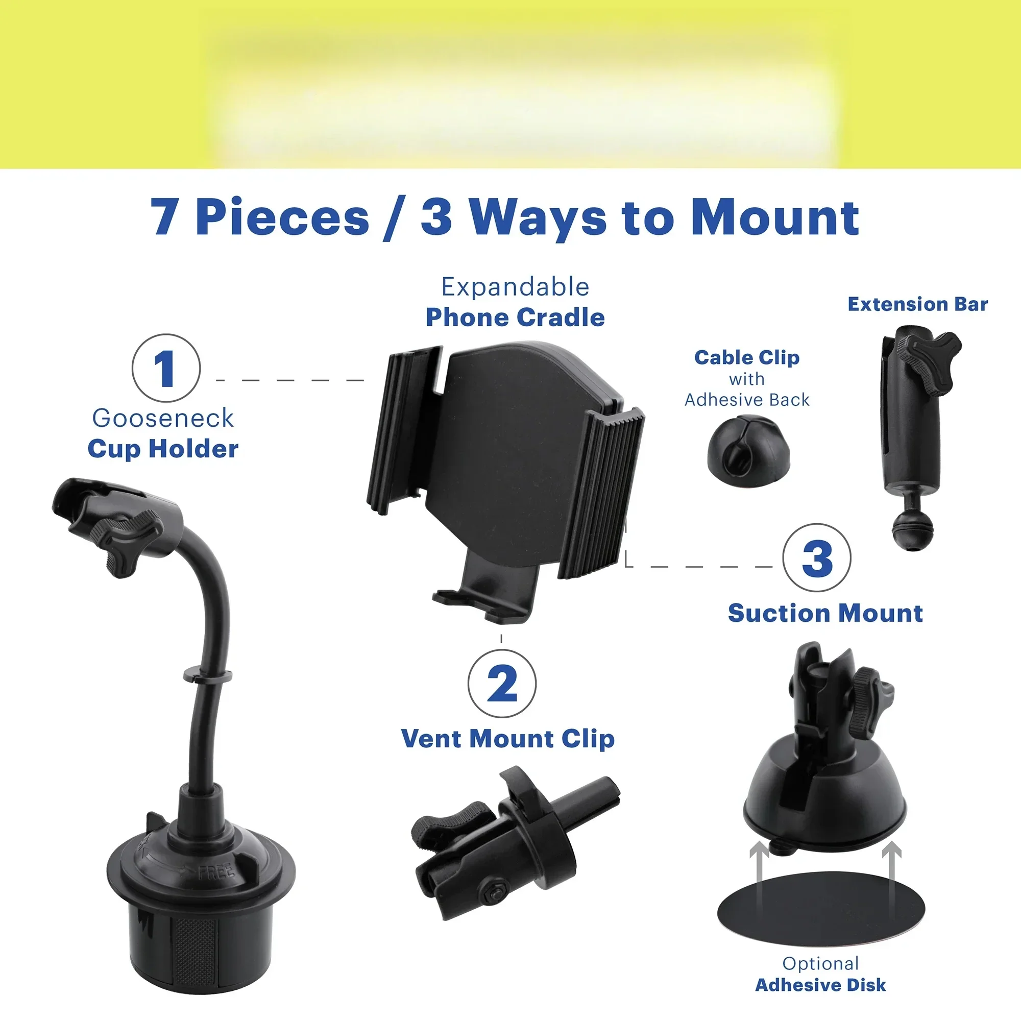 7-in-1 Universal Car Phone Holder, Cup Vent Dash Windshield Mount with Adjustable Ball Head for Hands-Free Driving