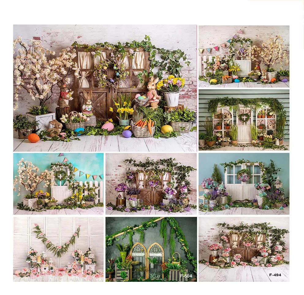 Easter Backdrop, Green Plant Leaves Brick Wall Photography Background Cute Rabbit Wooden Fence Backdrop for Festival Theme Party