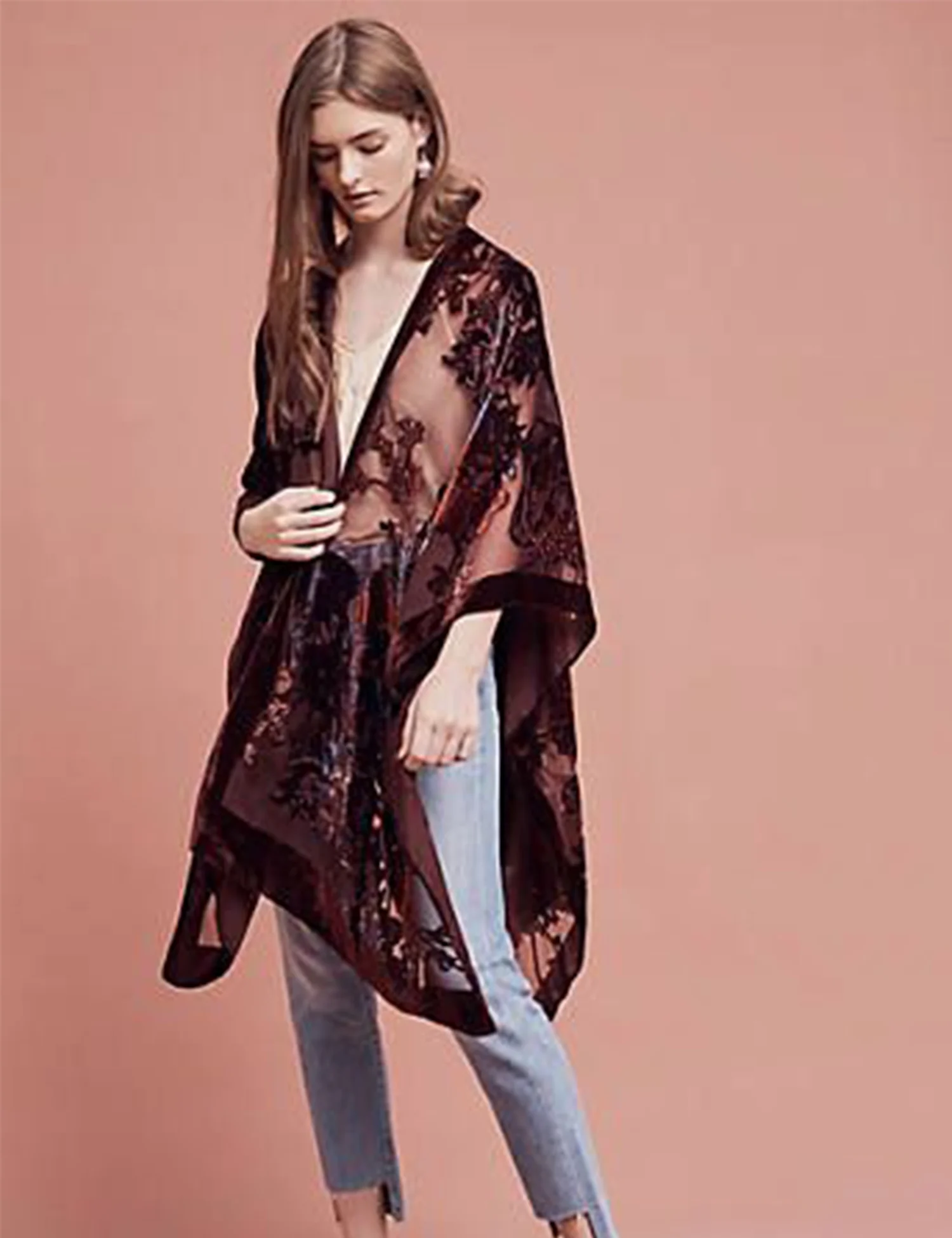 WeHello-Velvet Kimono for Women, Cardigan, Beach Cover Up without Tassel, Vacation Casual Shawl, Dropship, JYPF-34