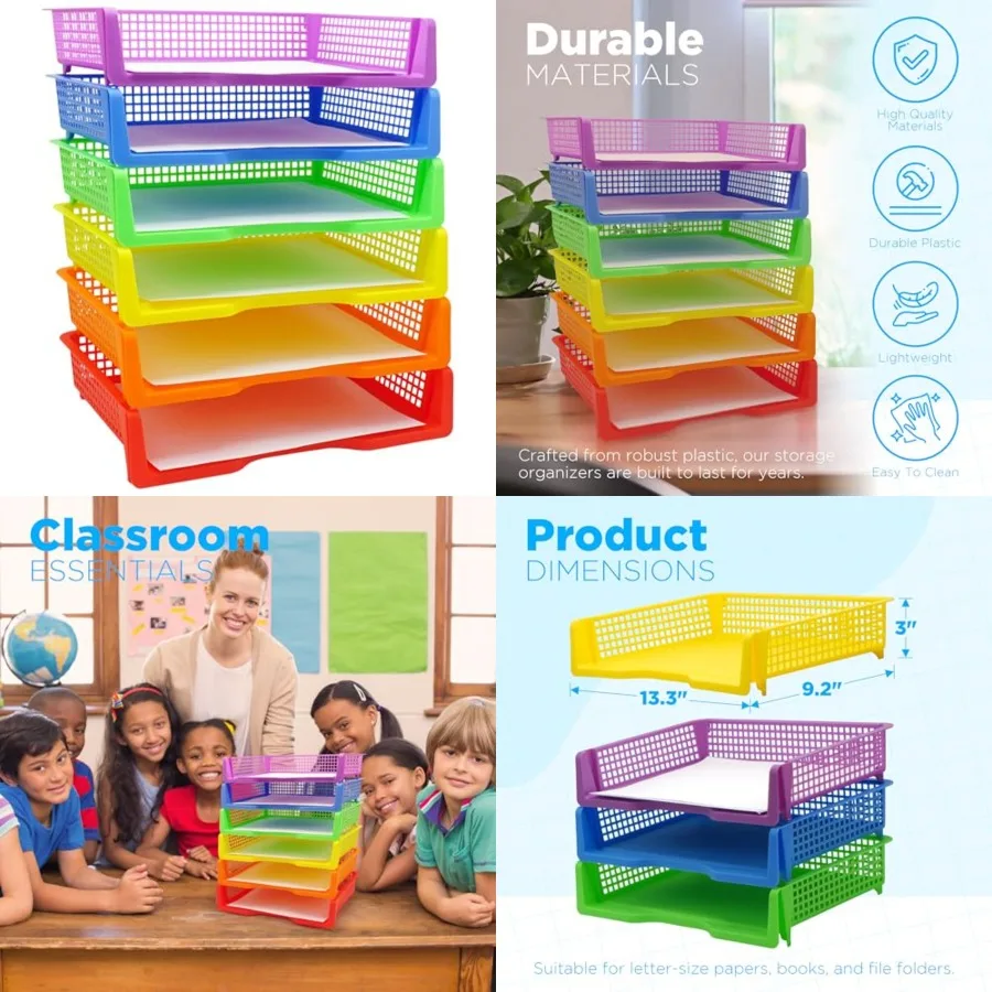 6 صواني بلاستيكية ملونة للمعلمين، صواني دوارة متينة، منظمات ورقية للفصل الدراسي، سلال تخزين قابلة للتكديس للمكتب