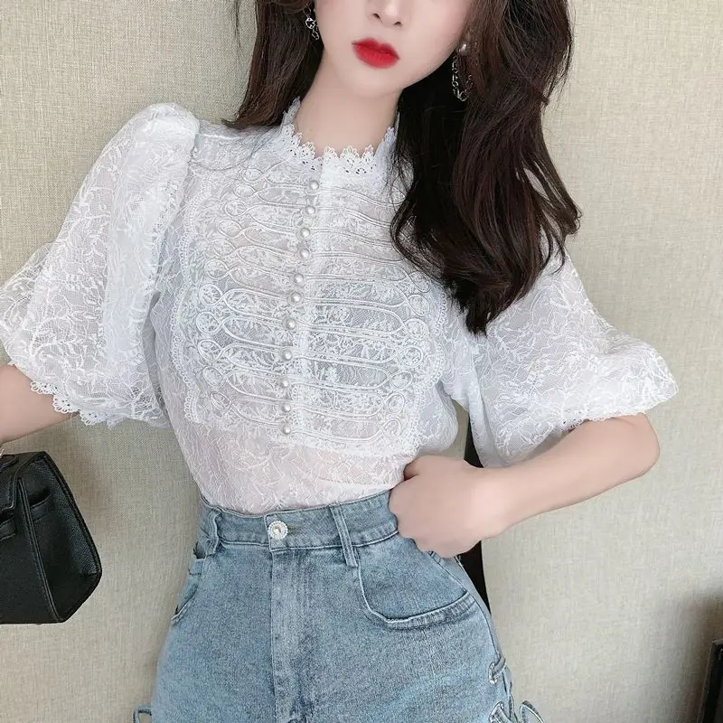 Women\'s Shirt and Blouse Short Sleeves Lace Female Tops Puffy Streetwear M Youthful Elegant Japanese Harajuku Fashion Tall Y2k