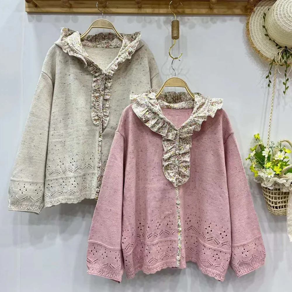 Japanese Sweet Mori Girl Print Ruffled Knitted Sweater Cardigan Women Autumn Long Sleeve Loose Hooded Knit Coat Knitwear Tops