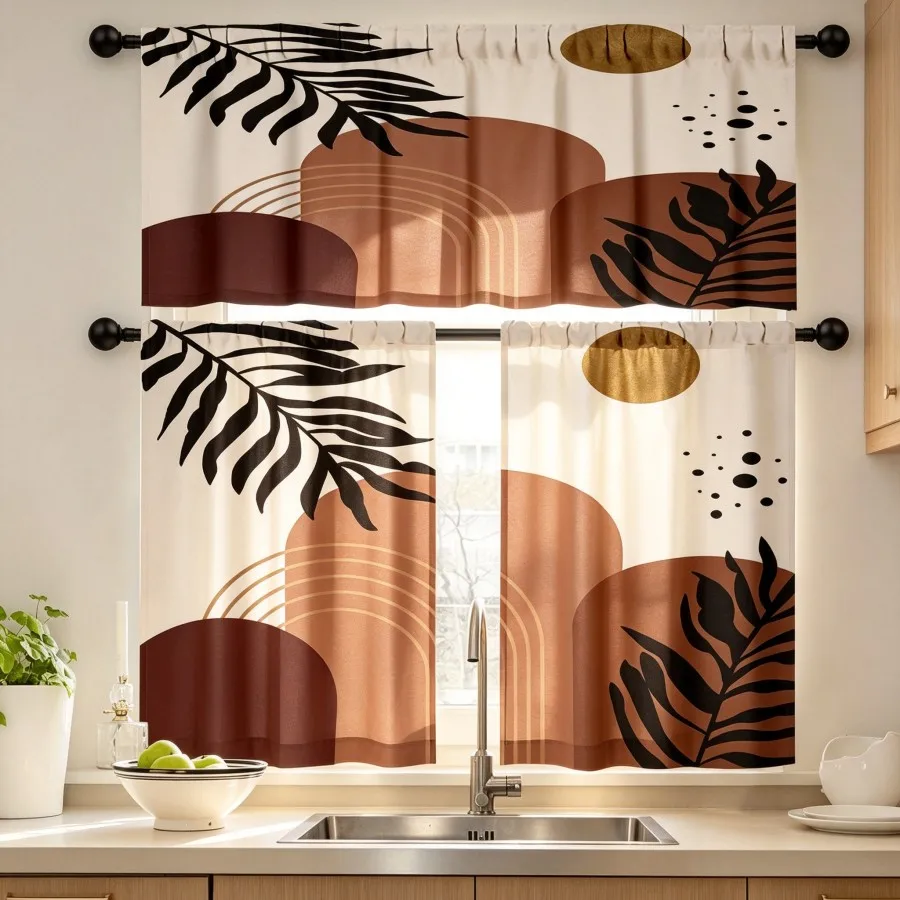 Boho Kitchen Curtains, Brown Palm Leaf Geometric Sun, Digital Print, Kitchen Dining Room, Rod Pocket Polyester, Home Decor