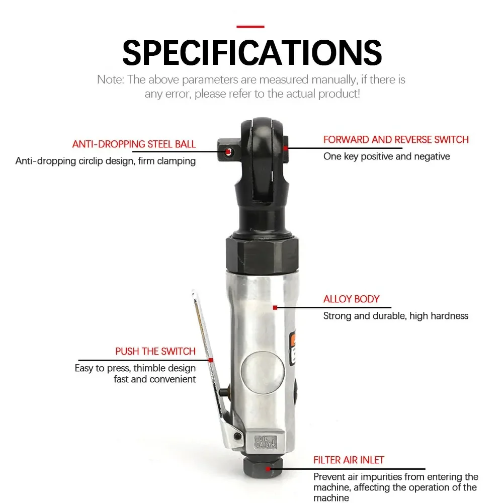 New Air Pneumatic Ratchet Wrench Torque Spanner Mechanical Machine Repairing Tool Maintenance Household 3/8'' 1/4'' Square Head
