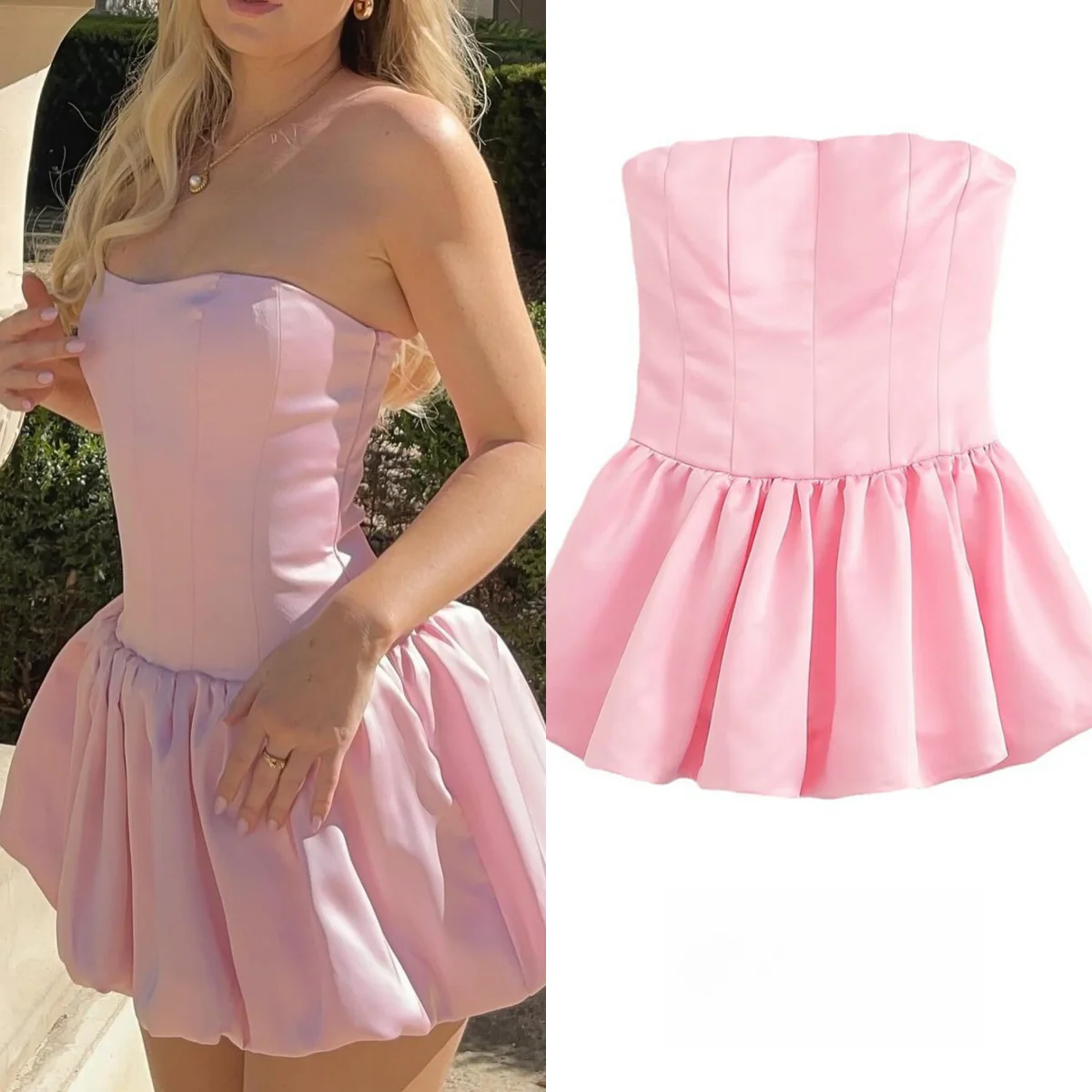 

TRAF Women Elegant Pink Satin Mini Dress Fashion Women Sexy Backless Pleated Women Banquet Evening A-Line Dress 2024