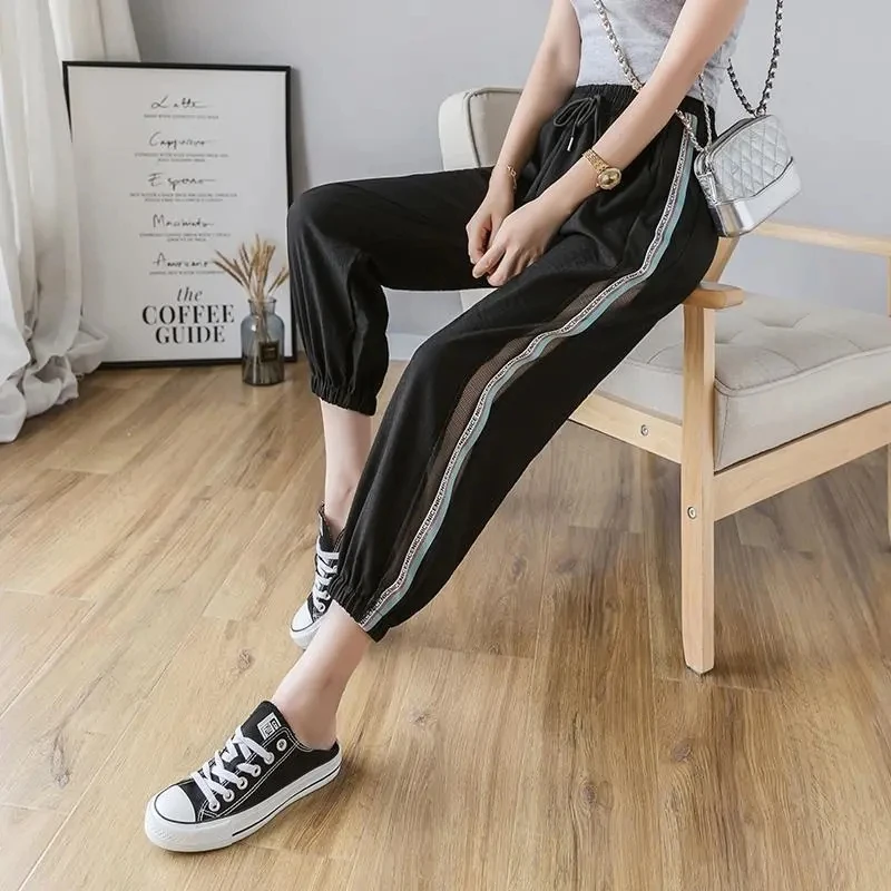 Ice Silk Harem Pants Female Summer Chic Spell Color Striped Patchwork Women's Pants Black White Ice Silk Thin Capri S-5XL