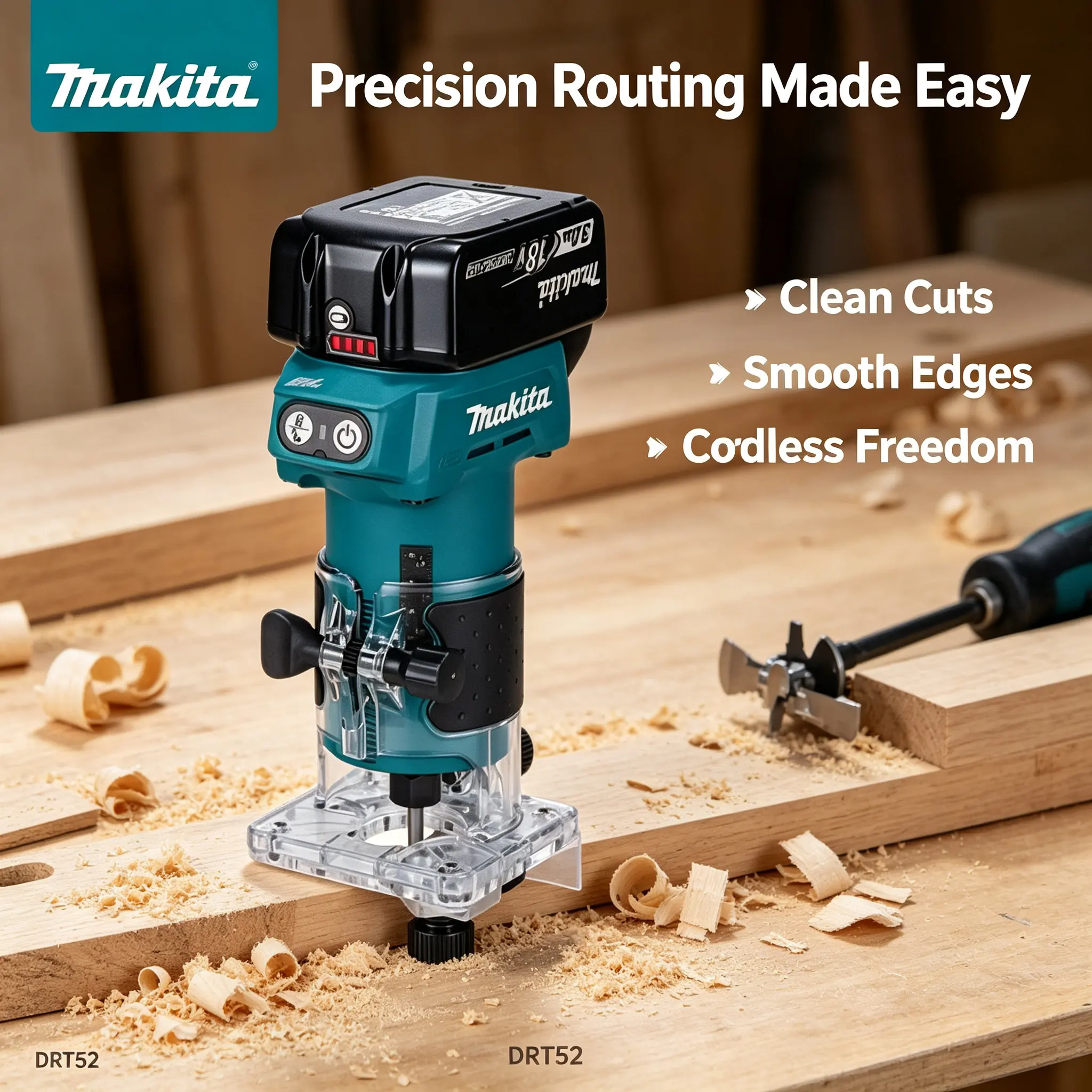Image of Original Makita DRT52 Akku-Kompaktfräse 18V LXT-Serie Hochpräzises Holzbearbeitungswerkzeug für Schreinerei, Möbelrenovierung, Tischlerei und komplexe Holzprofilbearbeitung