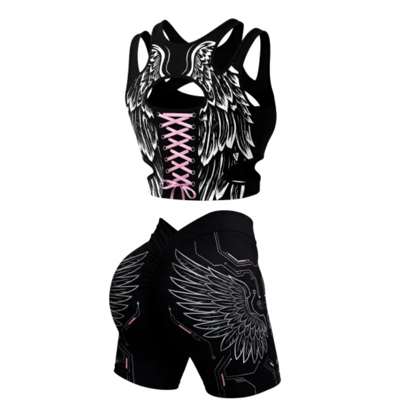 

3xl Summer Black Pink Sexy Angel Wings Quick Dry Breathable 2pcs Set Sportswear Cutout Tank Top High Waist Shorts Workout Outfit