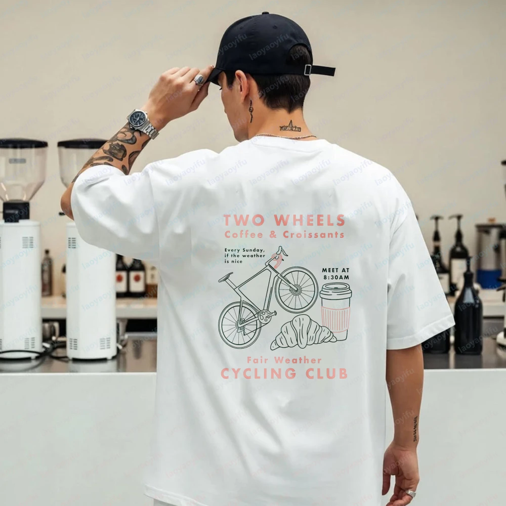 Cycling Club Cropped T-Shirt Hand-Drawn Bike Coffee & Croissants Graphic T Shirts Oversized T Shirt High Quality Cotton Tops Tee view 3