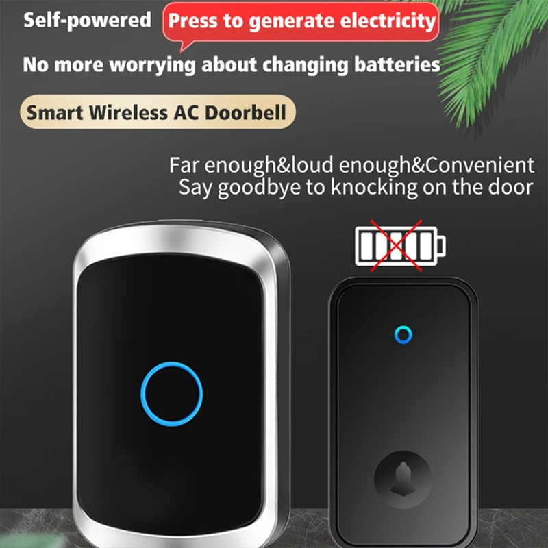 1Set Self Powered Waterproof Wireless Doorbell Night Light Home Cordless Door Bell EU Plug