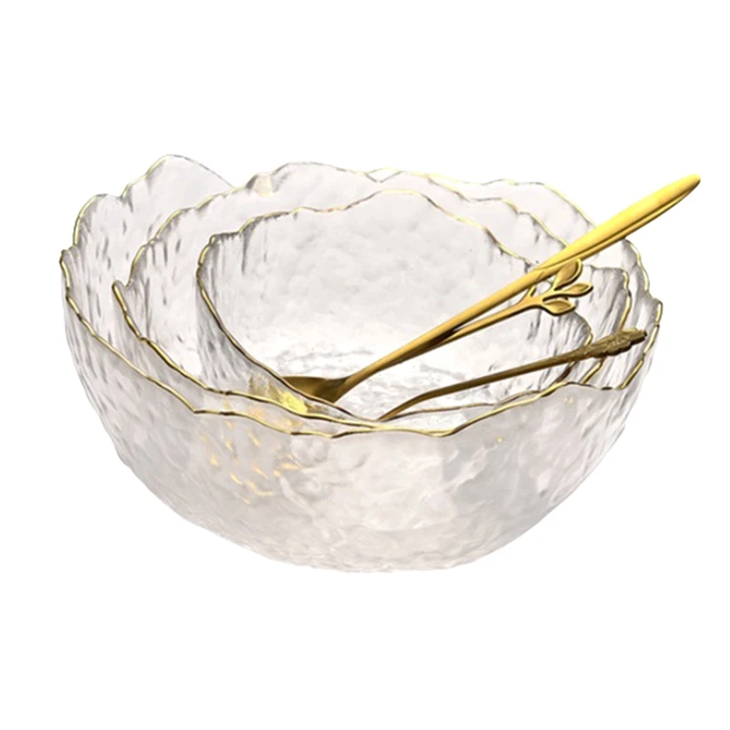 

Transparent Irregular Soup Glass Bowl Salad Dessert Mixing Bowl With Gold Inlay Edge