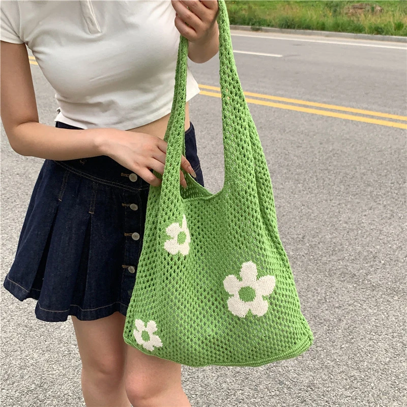 Fashion Sweet Flower Knitted Hollow Tote Bag Large Capacity Shopping Bag Ladies Simple Retro Shoulder Bag Handbag for Women