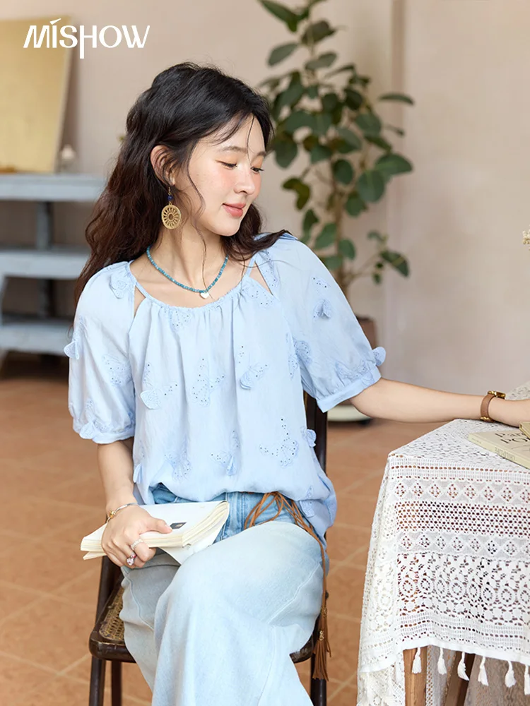 MISHOW المرأة فراشة التطريز بلوزة 2025 صيف جديد موضة الجوف خارج س الرقبة رداء علوي غير رسمي الملابس النسائية MXE36X1878