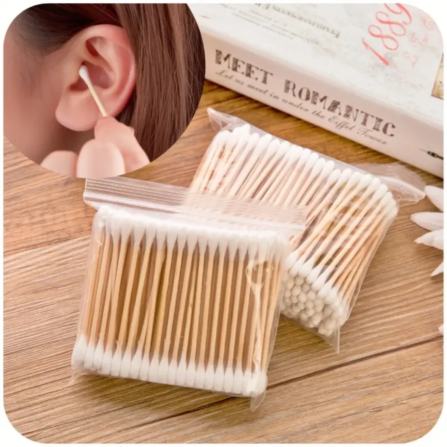 Disposable Cleaning Cotton Swab - 100pcs Multifunctional Double-ended Wooden Stick for Ear Plucking and Digging, Cosmetic Cotton