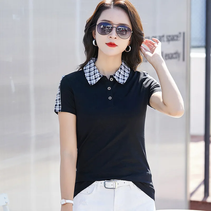 New Polo Women Short Sleeve Plaid Casual Shirt Summer Cotton Tops Tees Fashion 2024 Female Korean Golf Clothes Buttons Pullovers