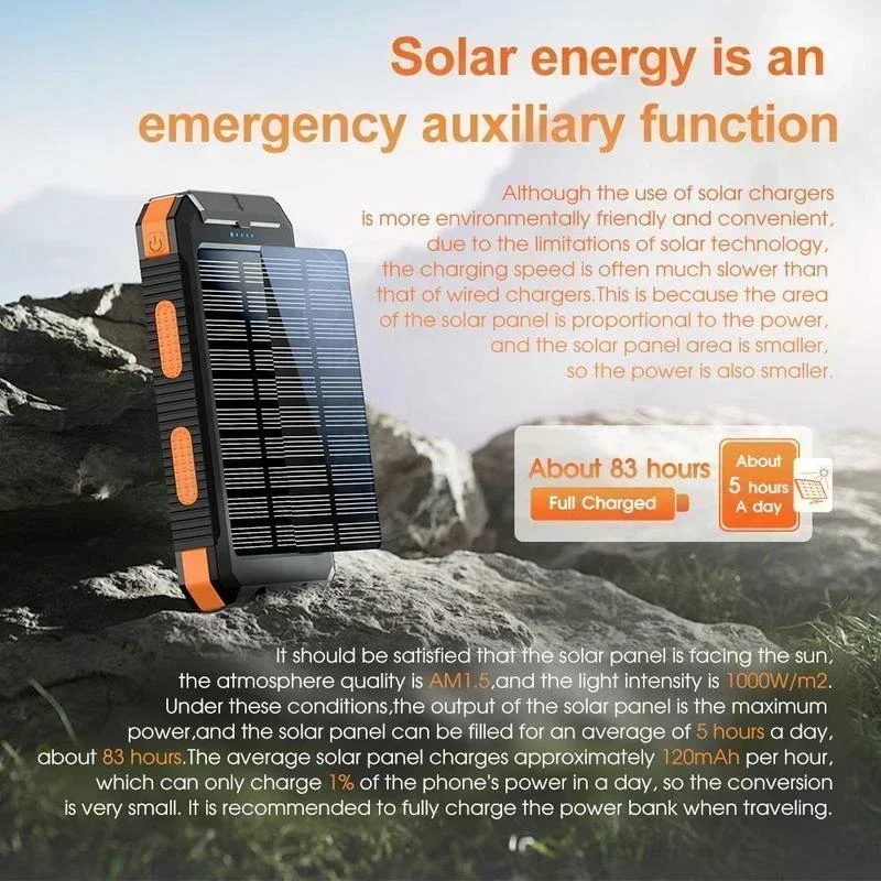 Outdoor Solar Power Bank 10000mAh Compass Flashlight Waterproof USA Shipped