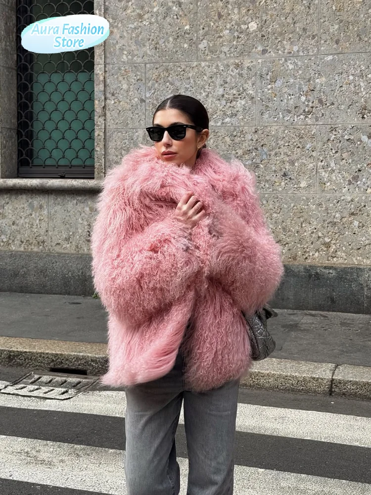 

Женское однотонное розовое пальто из искусственного меха, модное пальто-кардиган с круглым воротником и длинными рукавами, осень 202, свободный утепленный наряд High Street