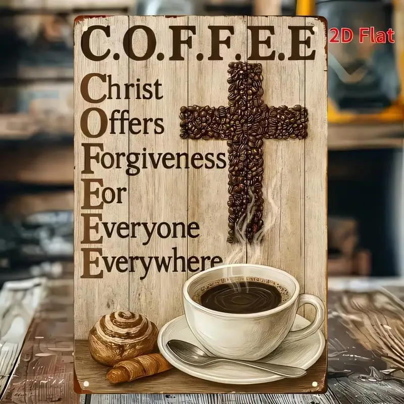 Vintage Christian Coffee-Themed Metal Tin Sign - Coffee Bean Cross, Steaming Cup & Pastry, Iron Material, Retro Wall Art for Caf