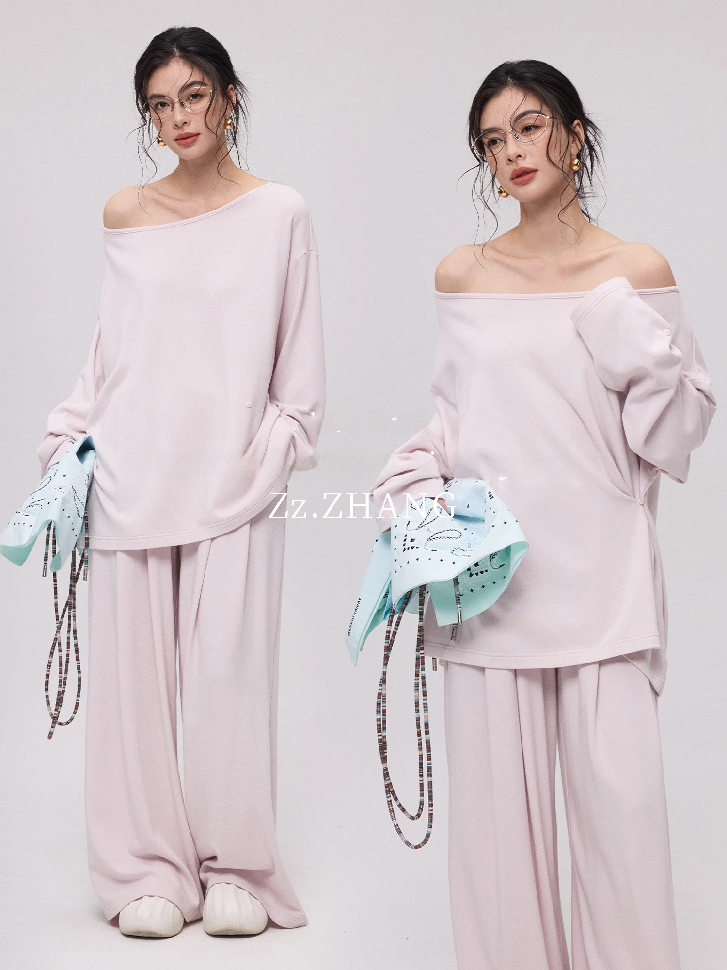 

ZzZHANG Spring Summer Long Sleeve Shoulder Bared Long Pants Set Lightweight Soft Cotton Casual Sportswear for Women