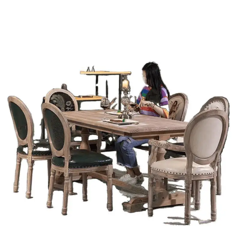 Custom Country Solid Wood Vintage Dining Table Home Dining Table American Restaurant Log Table Roman Columns Rectangle Cross Bor