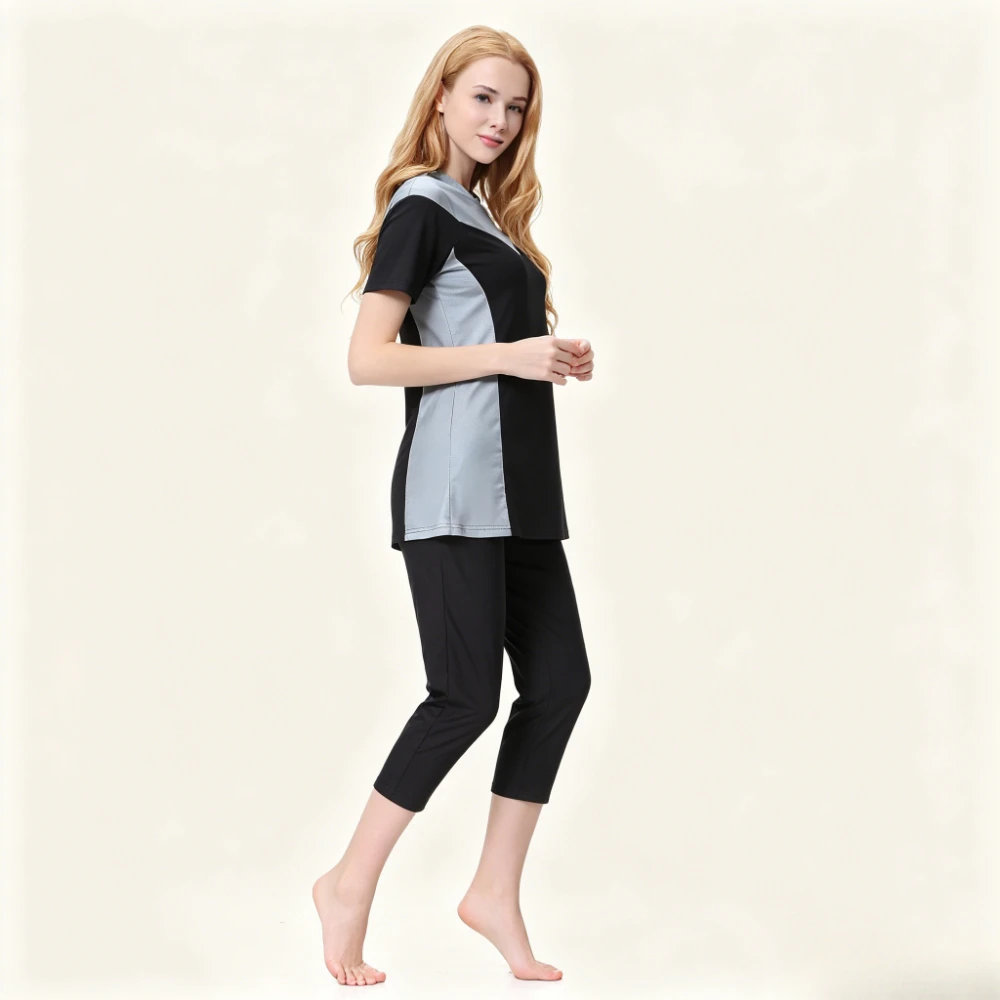 3PCS Color Block Burkini Swimwear Short Sleeve Tunic Top 3/4 Capri Pants with Swim Cap UPF50+ Muslim Bathing Suit Beach Swimwear view 5