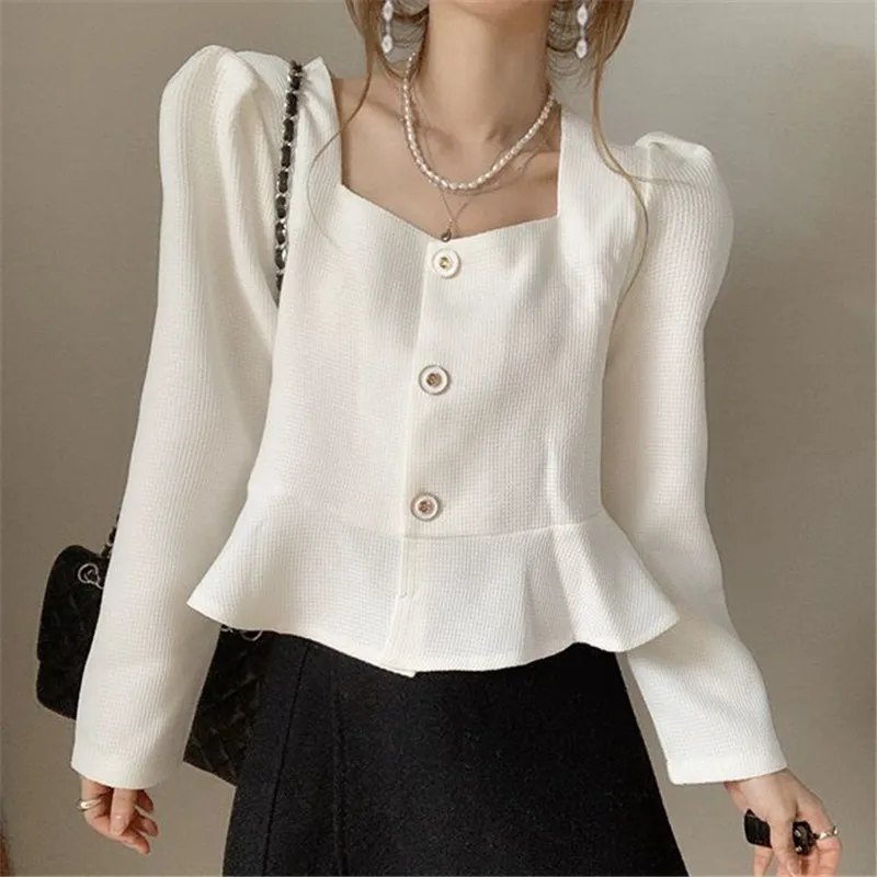 Spring and Autumn Women\'s Square Neck Solid Button Short Cardigan Ruffled Long Sleeve T-shirt Fashion Office Lady Coat Tops