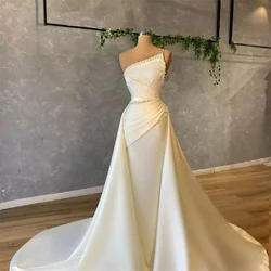 MULONG Ivory Satin Elegant Long Mermaid Prom Dress For Women Formal Party Gown Strapless Beadeds Wedding Guest Evening Dresses