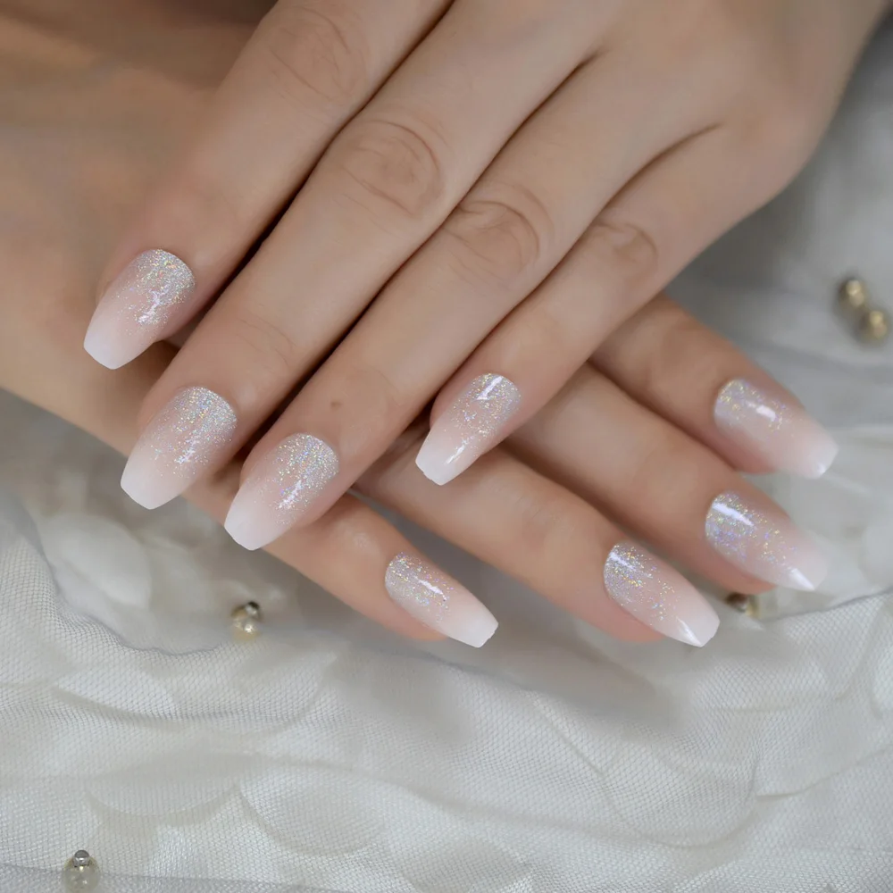 Holographic Silver Glitter Acrylic Nails Ombre French Fake Nails Coffin Shape Nude Nail Art Tips Pre-designed image 6