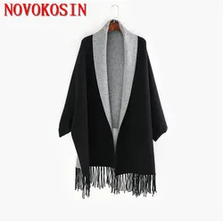 2024 preto cinza plus size out wear inverno poncho de malha feminino design sólido manto feminino mangas compridas batwing casaco xale vintage