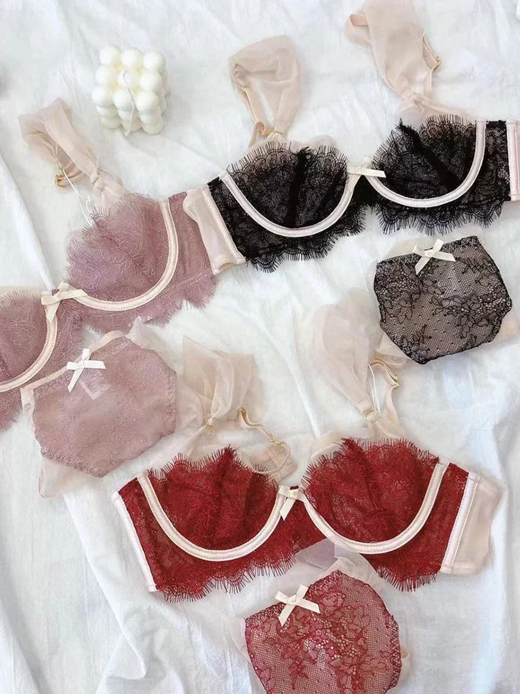 

Романтическое сладкое сексуальное женское белье, тонкие ресницы, марлевые ресницы, кружево, собранное, чтобы закрыть грудь, большую грудь, маленькие бюстгальтеры и трусики