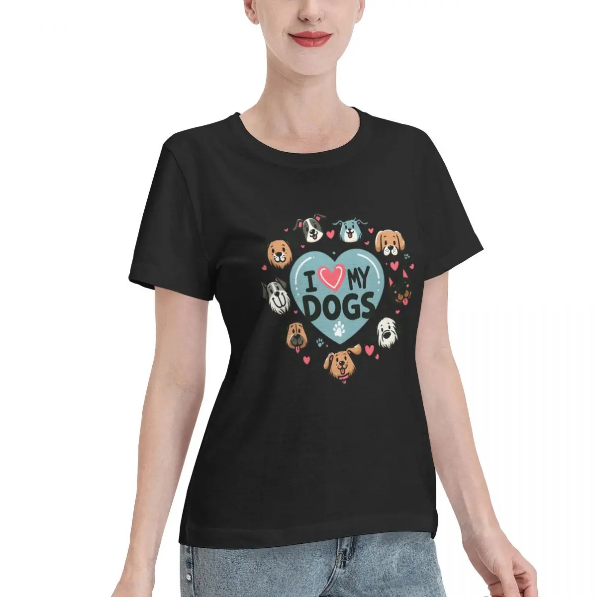 Wardrobe Essential Adorable I Love My Dogs Multi-Breed Cartoon Illustration Women's T-shirt Gothic Oversized Top