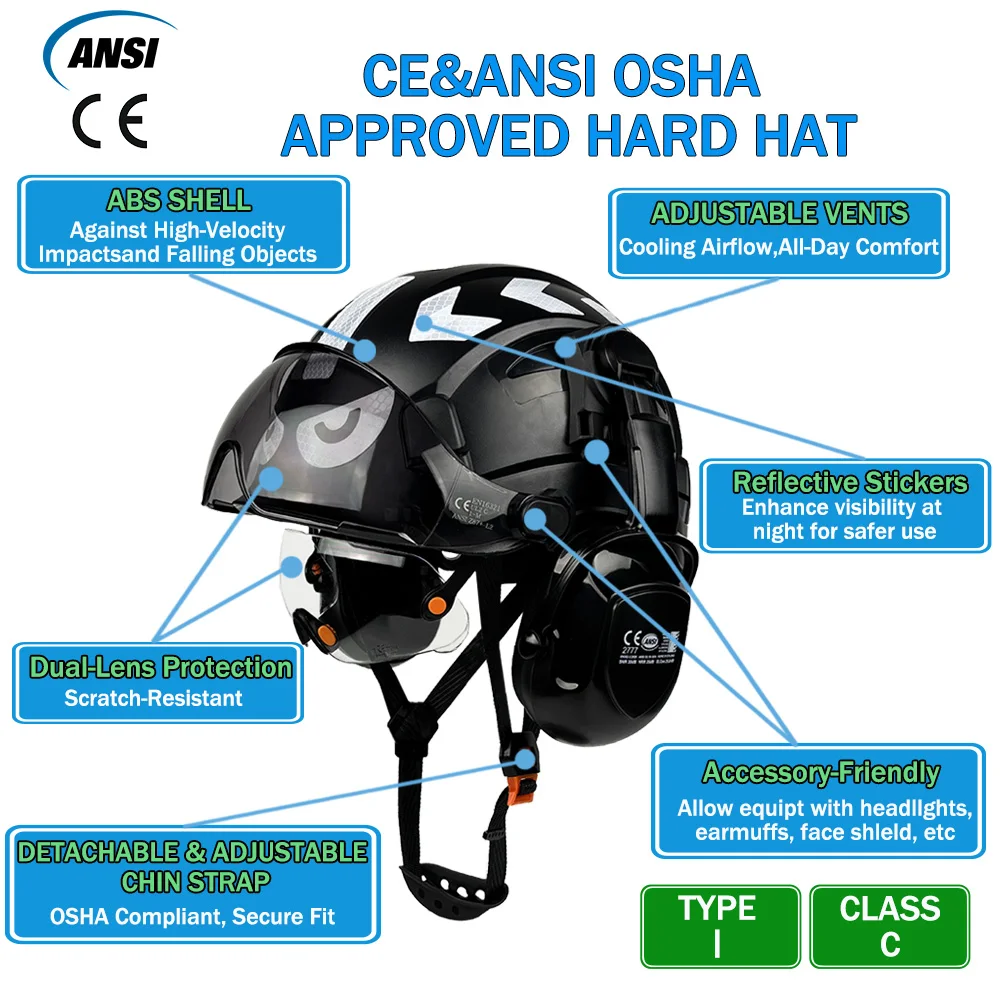 خوذة أمان البناء CE مع نظارات مدمجة غطاء للأذنين ملصقات عاكسة قبعة صلبة مع قناع قابل للتعديل بفتحات تهوية ABS