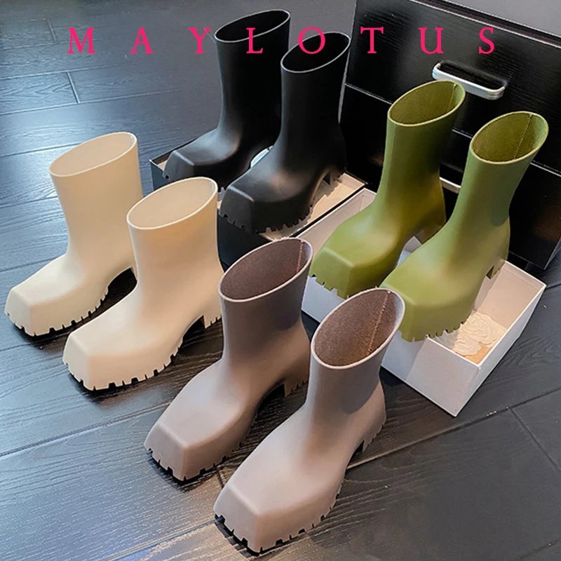 New Fashion Square Toe Thick Sole Rain Boots for Men and Women Anti-Slip Waterproof Work Wear Boots Brand Design Couple Shoes