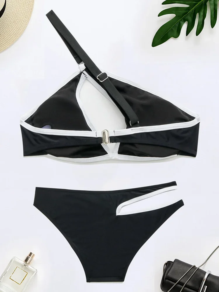Splicing One Shoulder High Cut Out Bikini Women Swimsuit Female Swimwear Two-pieces Bikini set Asymmetric Bathing Suit Swim Lady