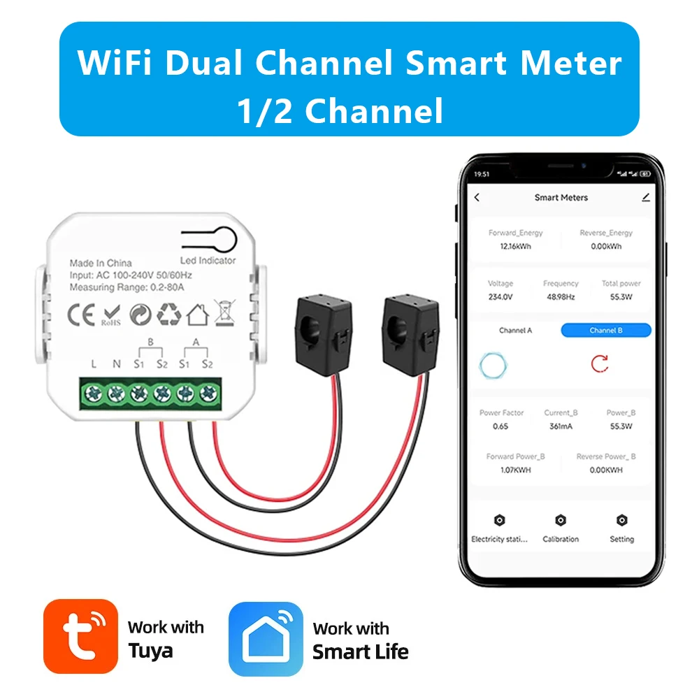 

Умный счетчик энергии Tuya Wi-Fi с зажимом трансформатора тока, двухсторонний 1/2 канала, 80 А, приложение, монитор потребления электроэнергии