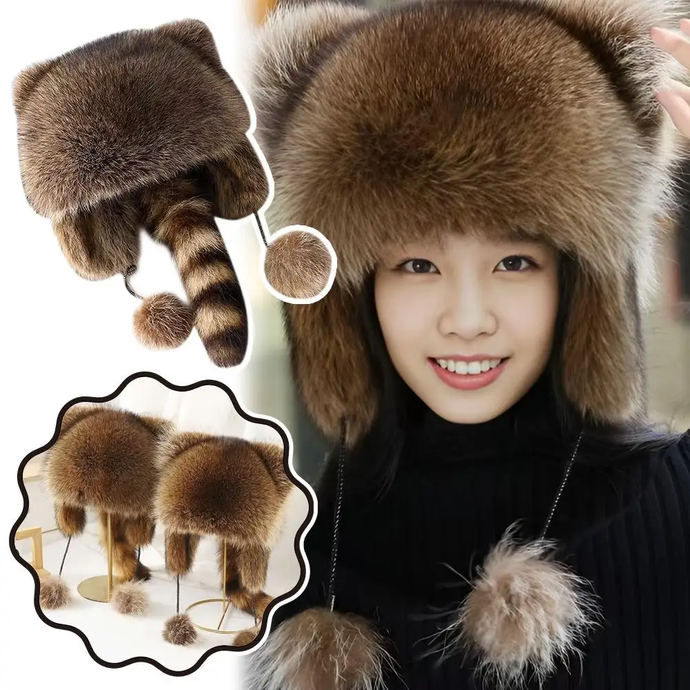 Gorro de piel de mapache de tendencia para mujer, gorros de piel de mapache Natural, sombreros Ushanka para invierno, orejas gruesas y cálidas, gorro de bombardero con pompón a la moda