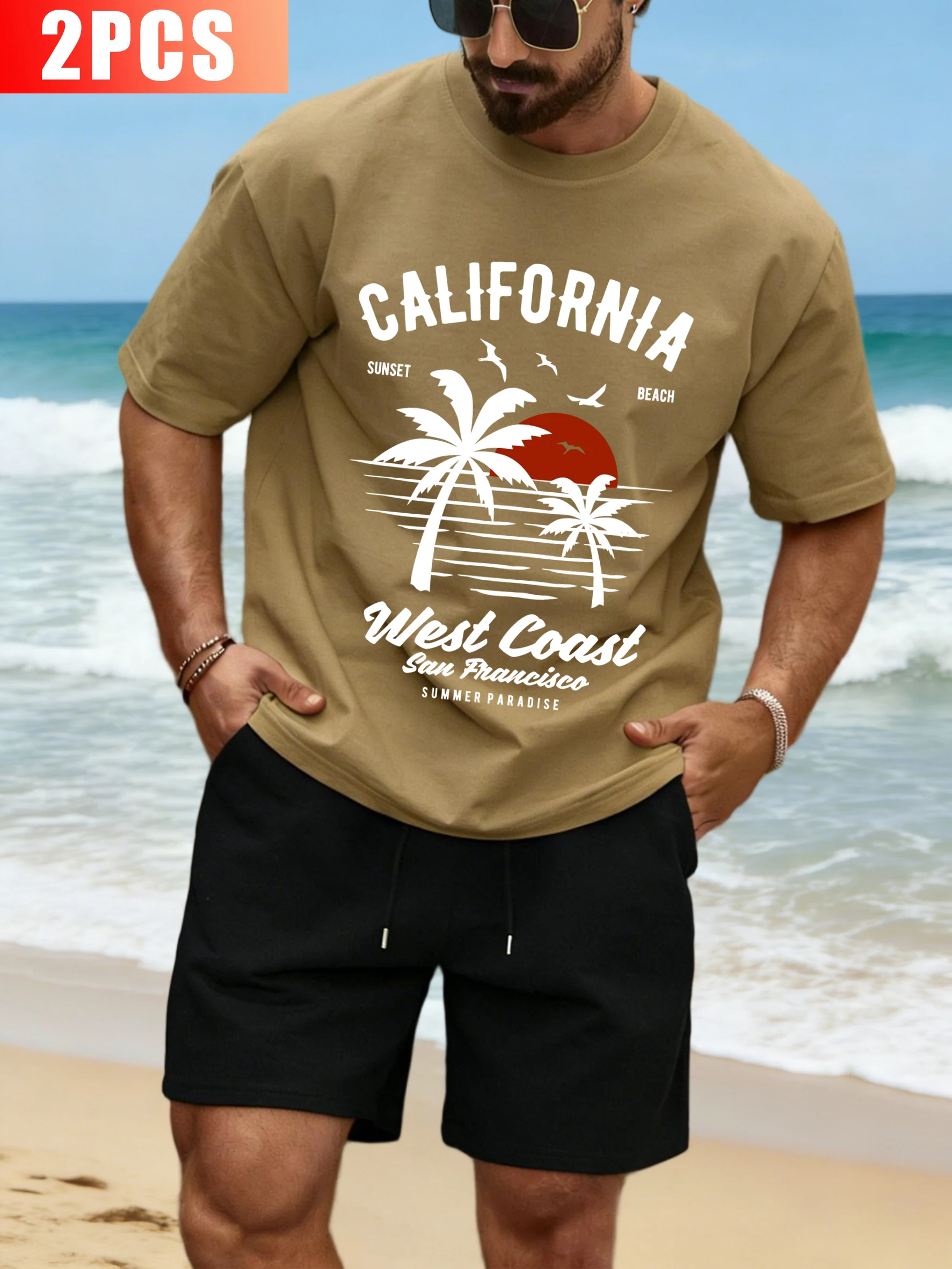 

California West Coast Sunset Sportsuit Men Loose O-Neck Tee Summer Fashion Drawstring Shorts Unisex Cotton All-Match Clothes