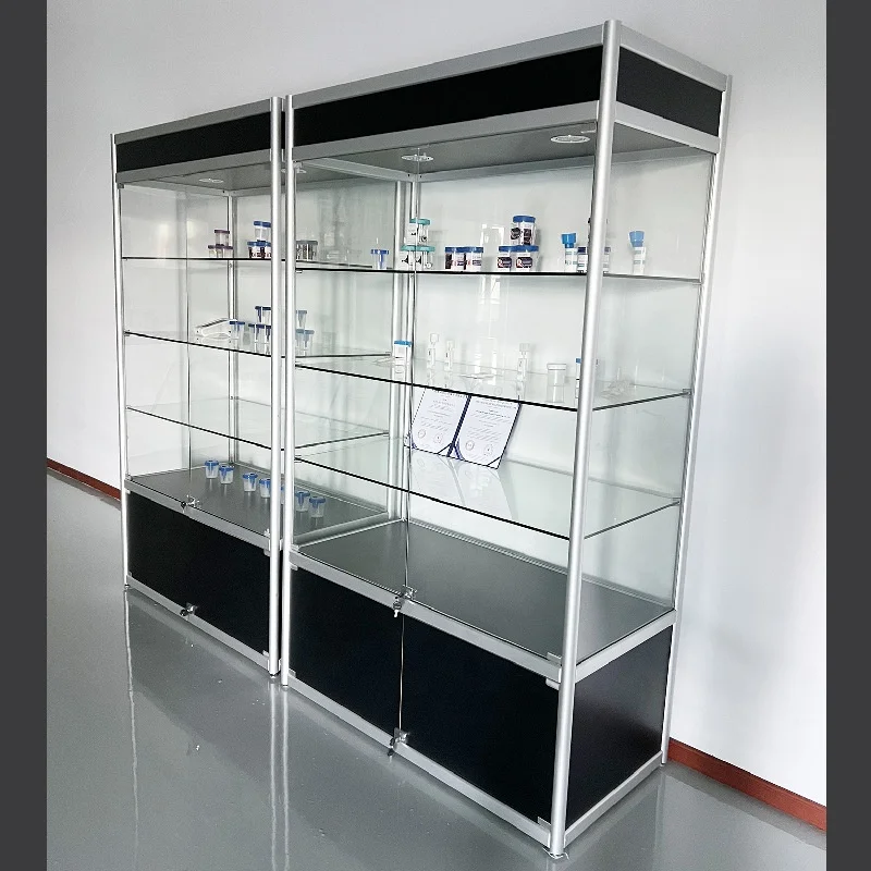 

custom.Standing Tall Shop Display Cabinet Wood Showcase Retail Store Glass Display with LED Light