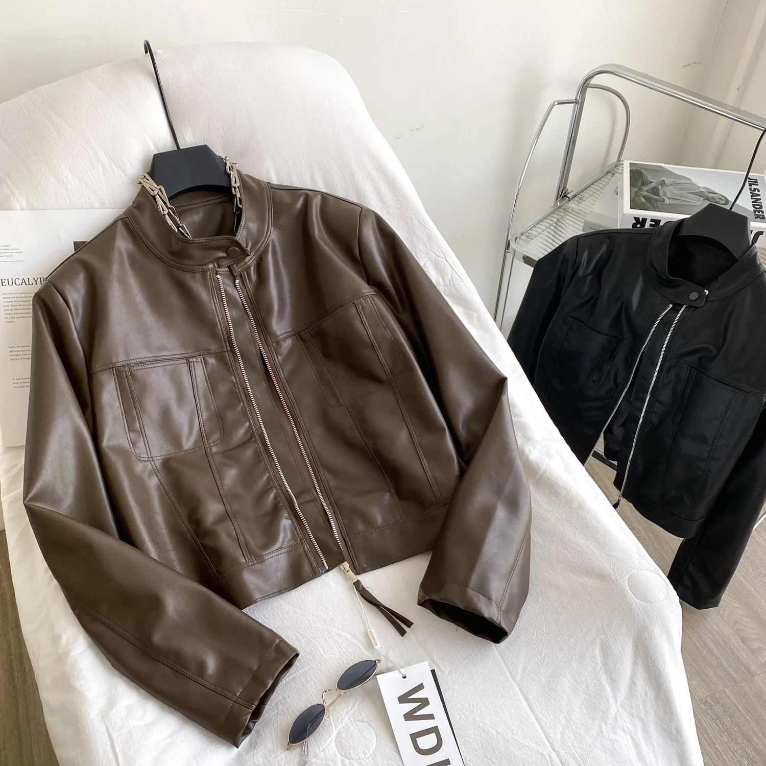 

Fashion All-Matched Women Jacket Autumn Stand Collar Short Loose PU Leather Coat Female Solid Color Outerwear Top