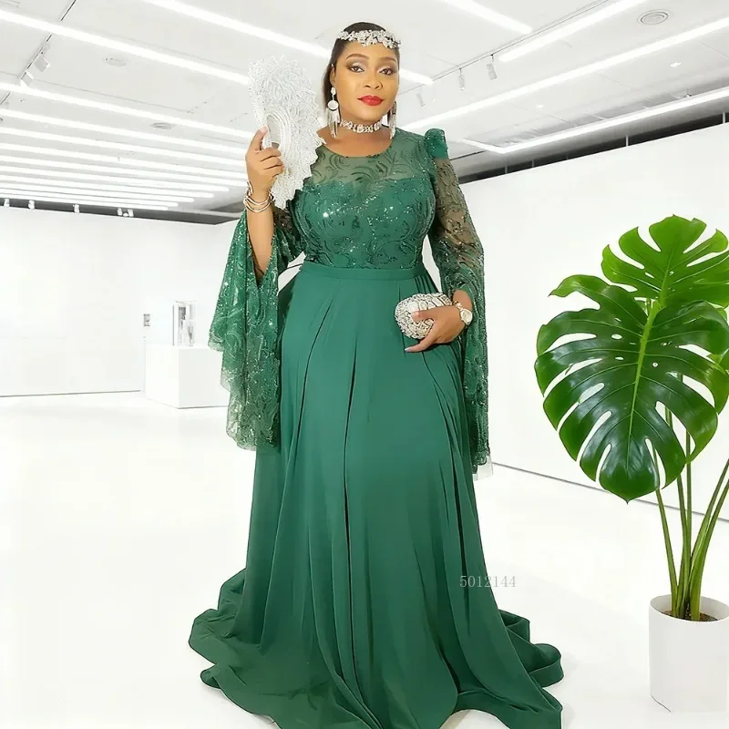 

African plus Size Women's Maxi Dress Long Bell Sleeve Lace Embroidered Sequin Gown for Weddings Galas And Grand Celebrations