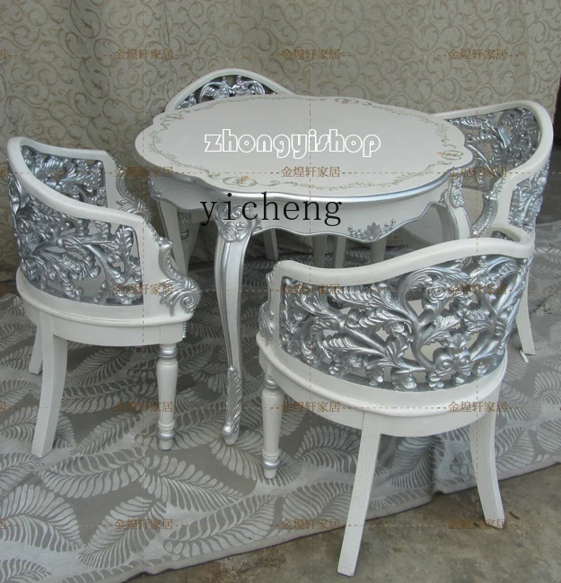 

ZZ pastoral silver foil furniture white crack paint round dining chair one table and four chairs