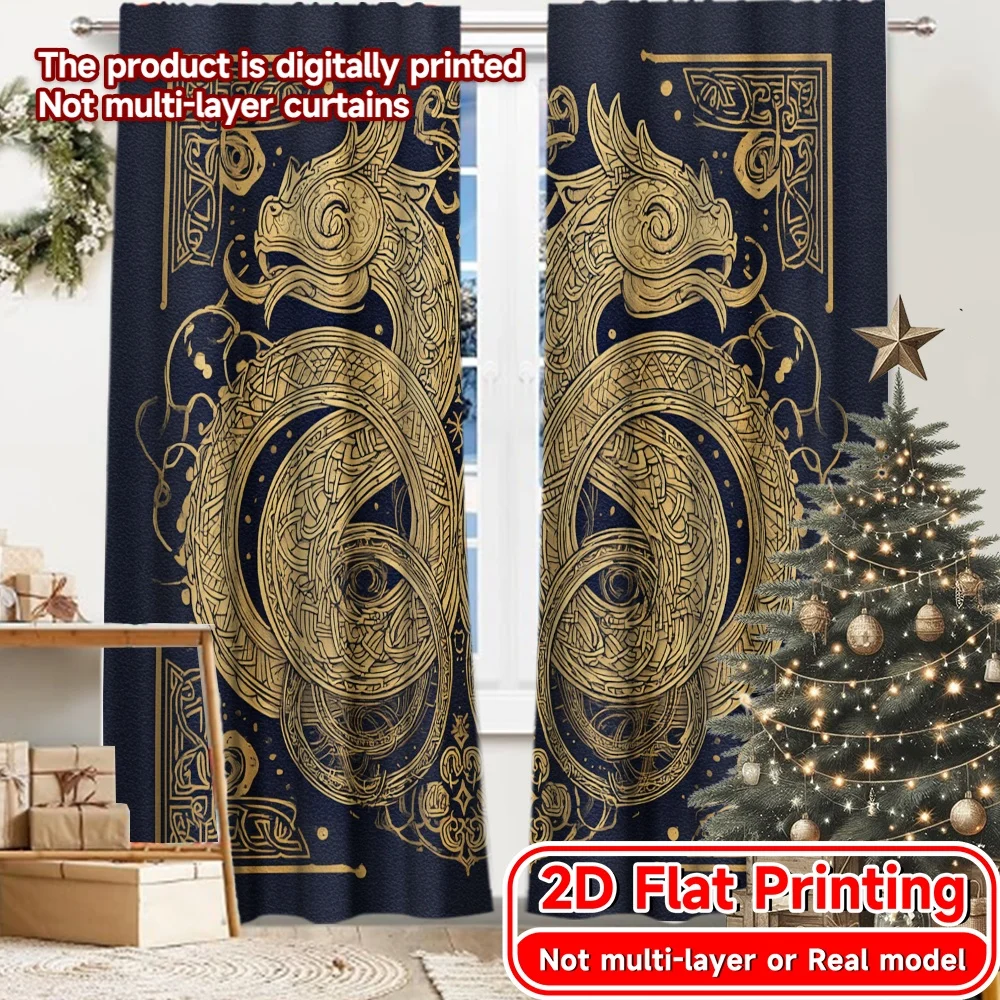 2D Flat Printing,2pcs Celtic Serpents Print Modern Curtains Polyester Easy Install Curtains All Seasons for Kitchen Living Room