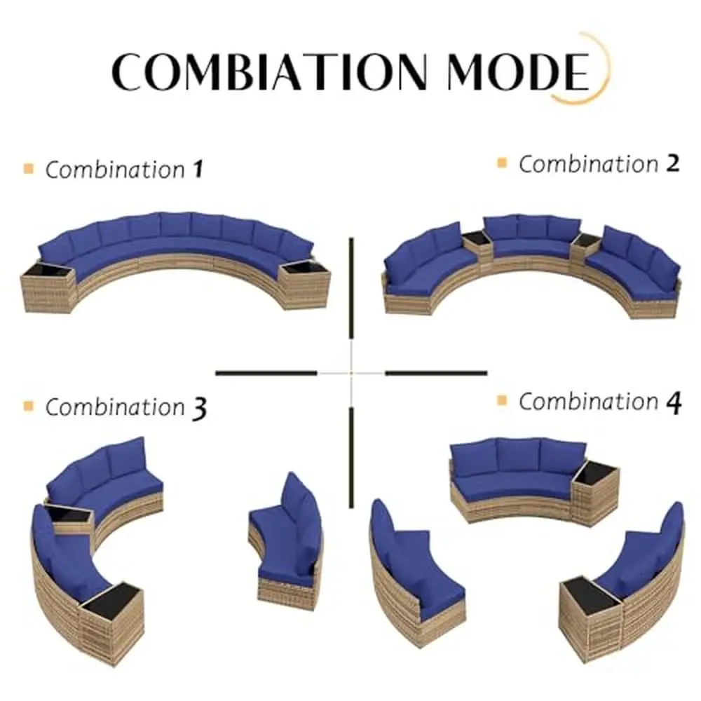 Juego de conversación de Patio semicircular de 11 piezas, mesa de cuña de almacenamiento grande, juego de sofá de mimbre para exteriores, cojines azules para 9 personas