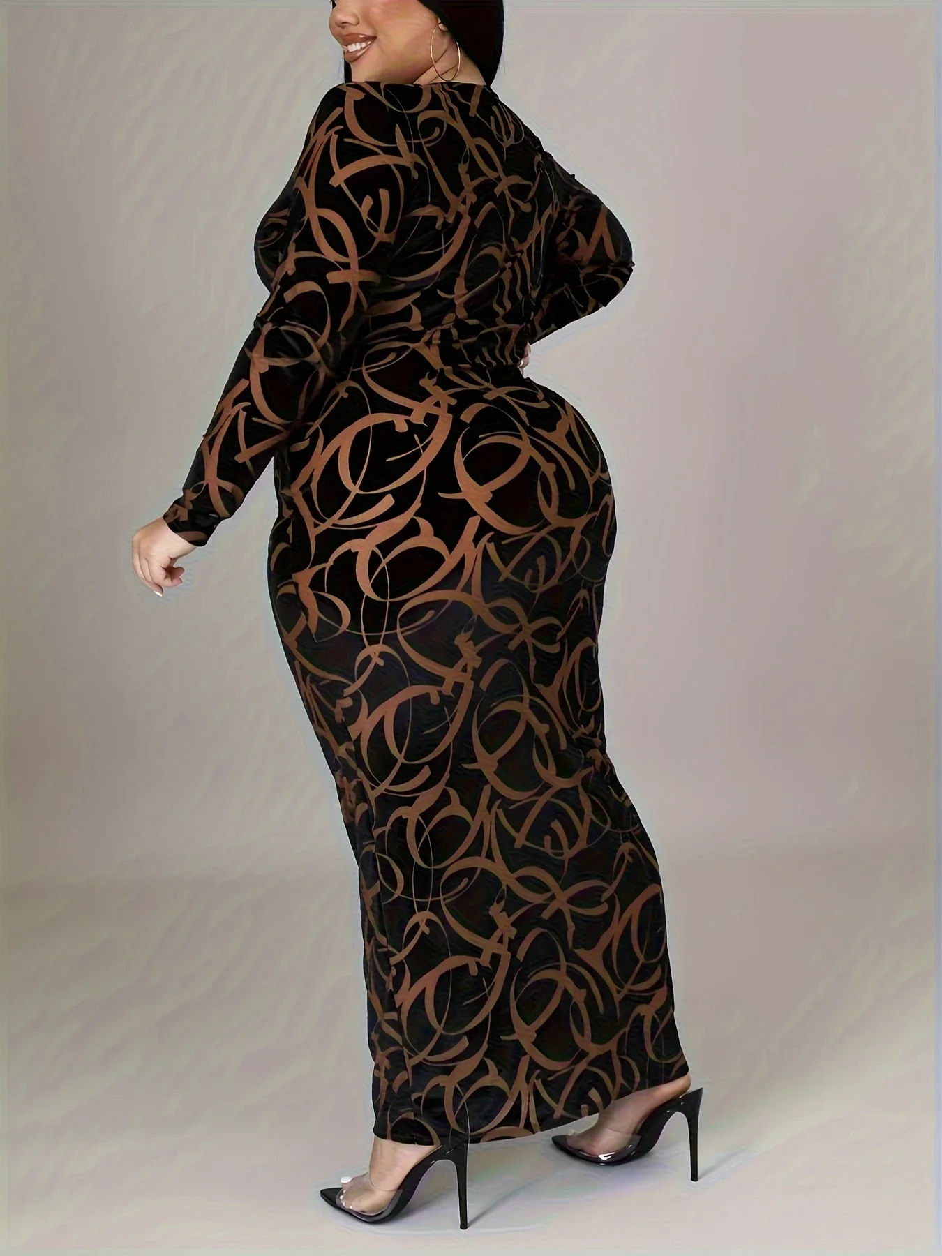 Plus Size Chic Graffiti-Printed Maxi Dress - Flattering Long Sleeve V-Neck Bodycon Style Perfect for Casual to Party Occasions