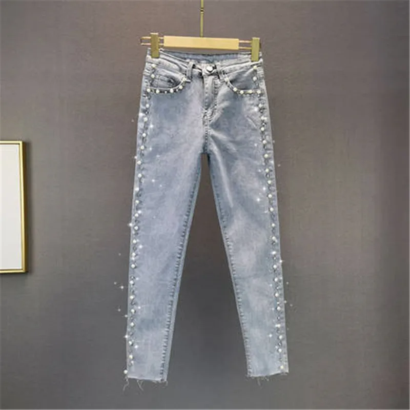 Estate primavera donna Vintage perline Jeans donna pantaloni a matita a vita alta Slim diamanti vestiti femminili pantaloni in Denim Streetwear