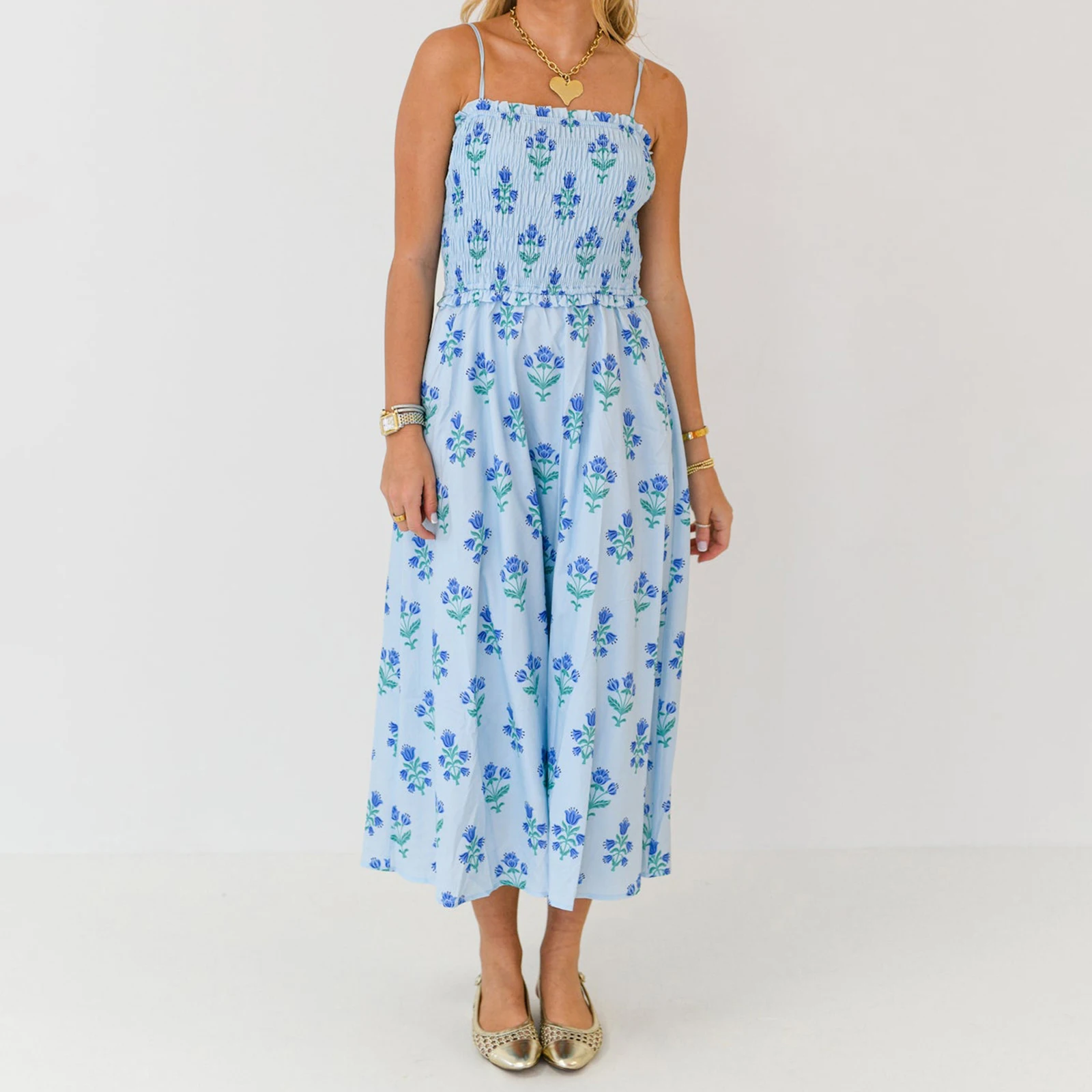 Abito da donna con cinturino per spaghetti Elegante abito lungo senza maniche smock con stampa floreale con volant per la primavera e l'estate
