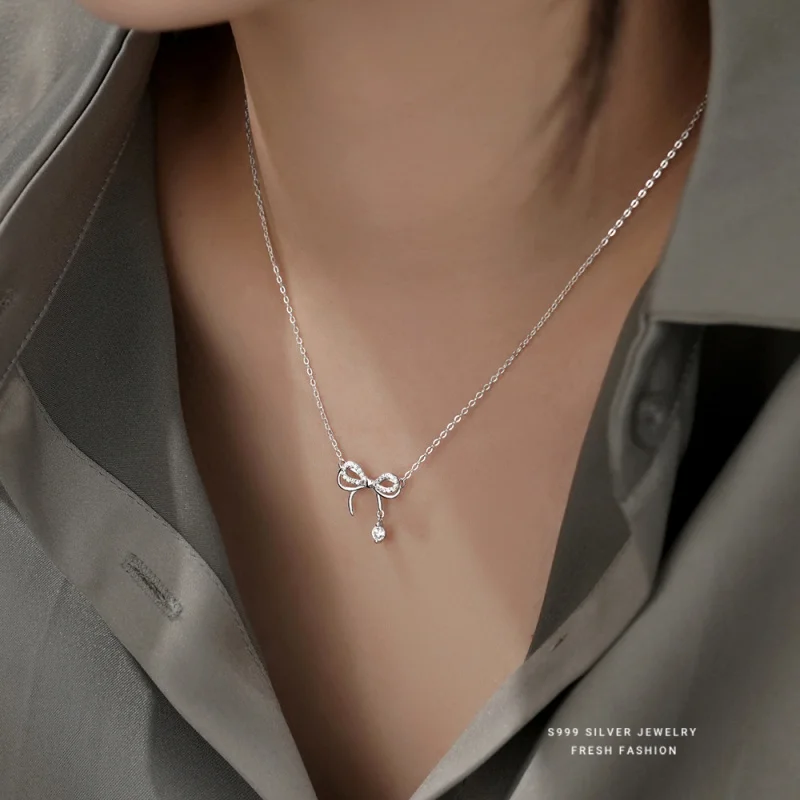 s999Pure Silver Flexible Bow Necklace Women's Wild Light Luxury Minority Pendant Butterfly Dream Clavicle Chain Gift Wholesale