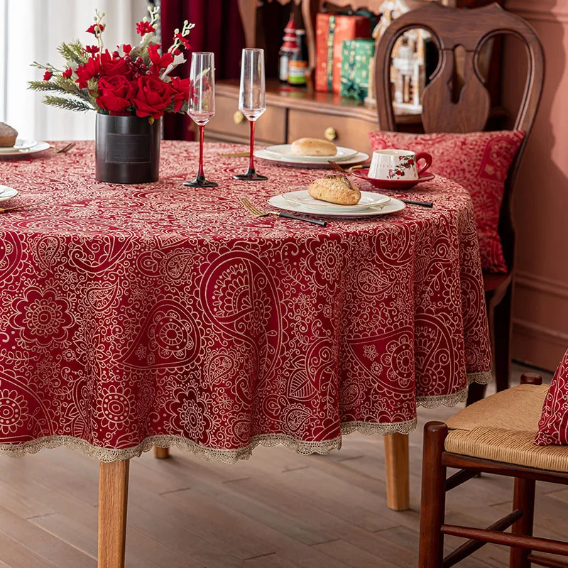 

Zmaowaitao Red festive jacquard tablecloth with gold flower edge circular dining table cloth cover