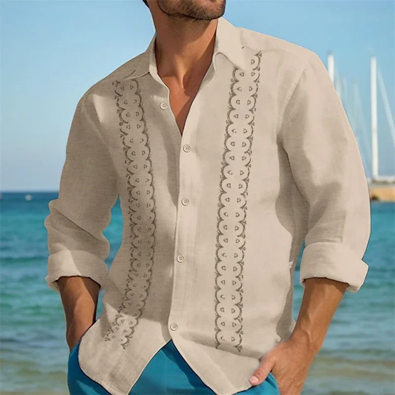 Chemises en lin décontractées à manches longues pour hommes, tenues de vacances hawaïennes à revers rayé, vêtements confortables, Y-